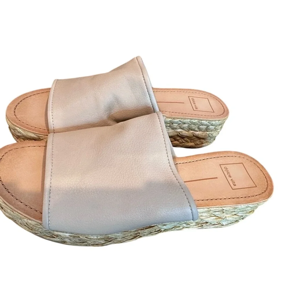 Dolce Vita Womens Leather‎ Platform Slide Espadrille Wedge Sandals Cream Tan
